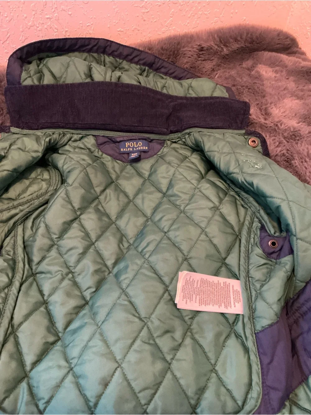 Ralph Lauren Navy Quilted Hooded Puffer with Green Lining